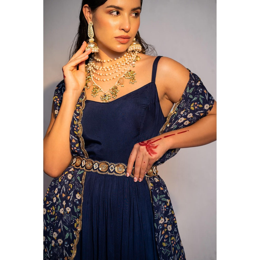 Redpine Designs Royal Blue Printed, Embroidered Anarkali with Dupatta and Belt (Set of 3)