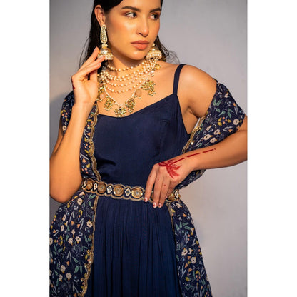 Redpine Designs Royal Blue Printed, Embroidered Anarkali with Dupatta and Belt (Set of 3)