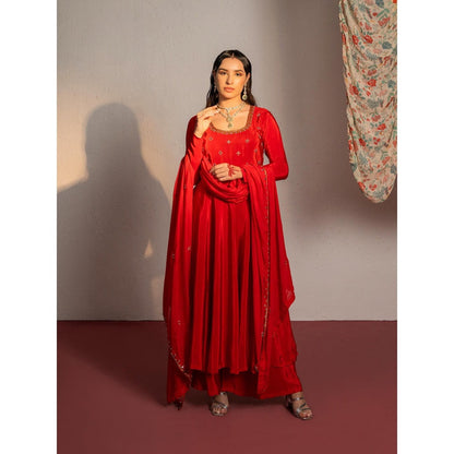 Redpine Designs Red Embroidered Anarkali with Palazzo and Dupatta (Set of 3)