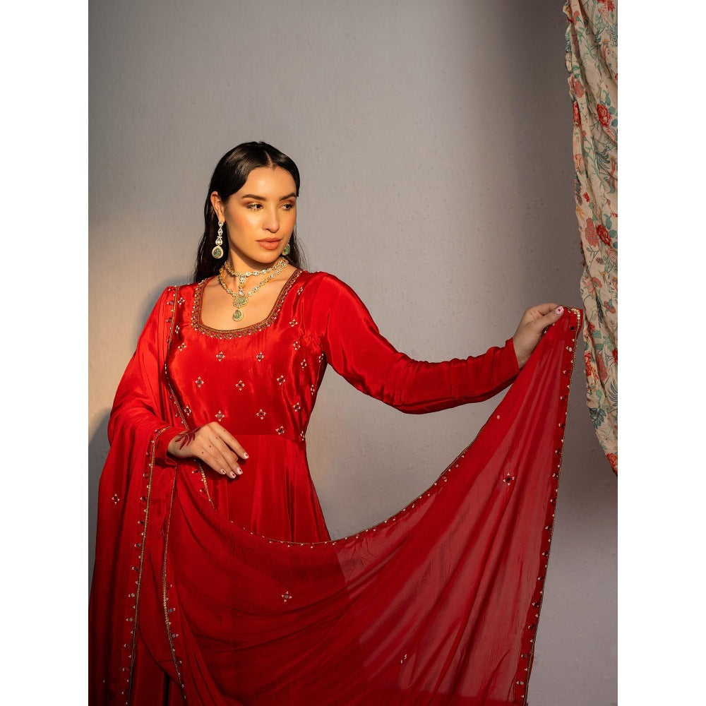 Redpine Designs Red Embroidered Anarkali with Palazzo and Dupatta (Set of 3)