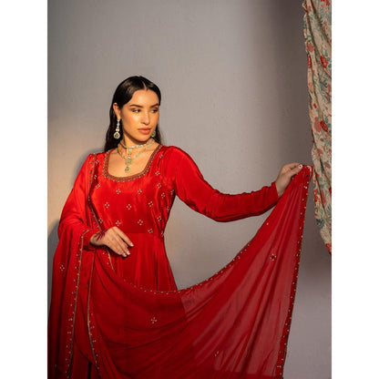 Redpine Designs Red Embroidered Anarkali with Palazzo and Dupatta (Set of 3)