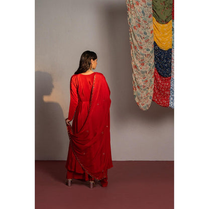 Redpine Designs Red Embroidered Anarkali with Palazzo and Dupatta (Set of 3)