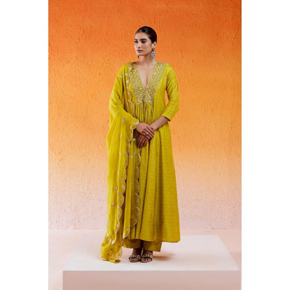 Redpine Designs Daisy Green Embroidered Anarkali with Pant and Dupatta (Set of 3)