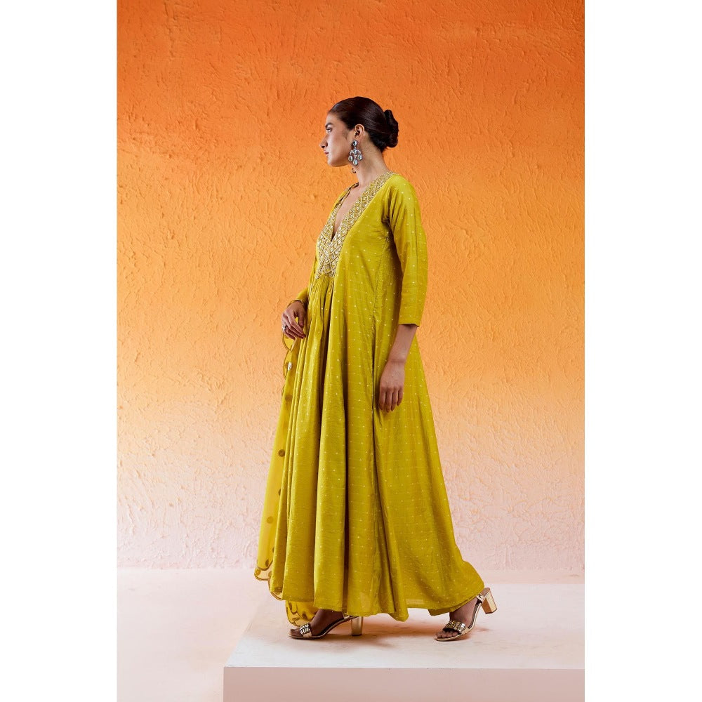 Redpine Designs Daisy Green Embroidered Anarkali with Pant and Dupatta (Set of 3)