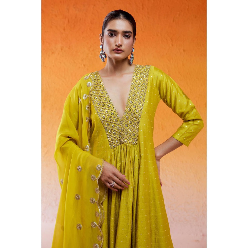 Redpine Designs Daisy Green Embroidered Anarkali with Pant and Dupatta (Set of 3)