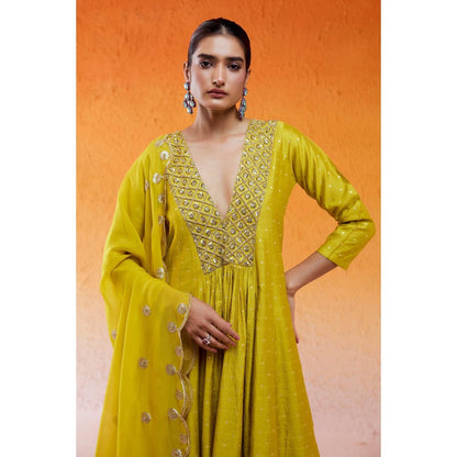 Redpine Designs Daisy Green Embroidered Anarkali with Pant and Dupatta (Set of 3)