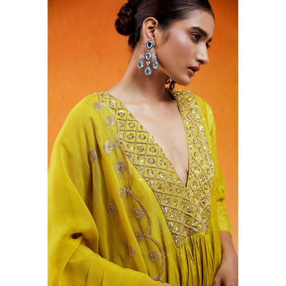 Redpine Designs Daisy Green Embroidered Anarkali with Pant and Dupatta (Set of 3)