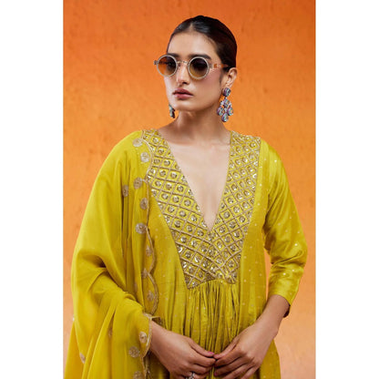 Redpine Designs Daisy Green Embroidered Anarkali with Pant and Dupatta (Set of 3)