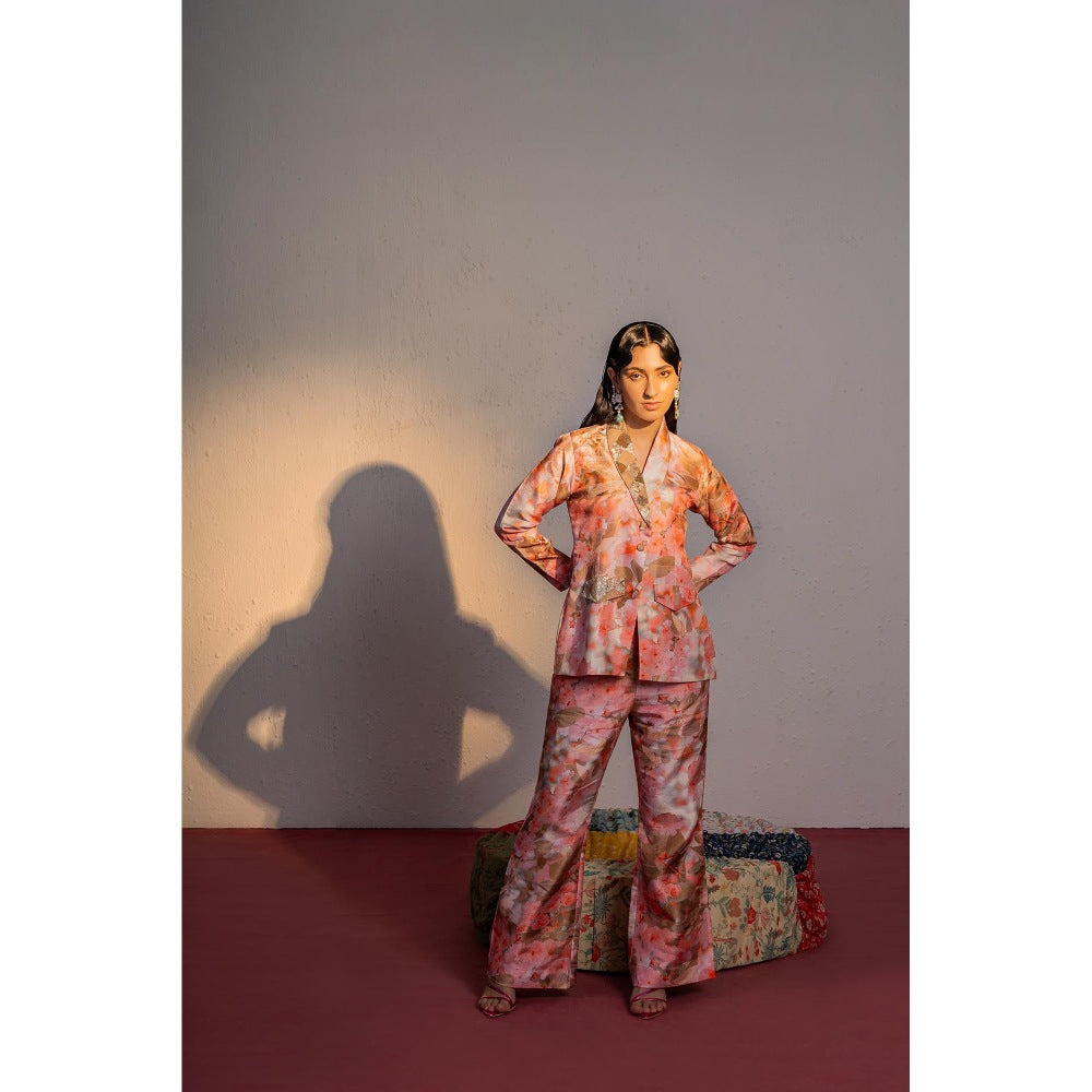 Redpine Designs Peach Print, Embroidered Blazer with Pant (Set of 2)