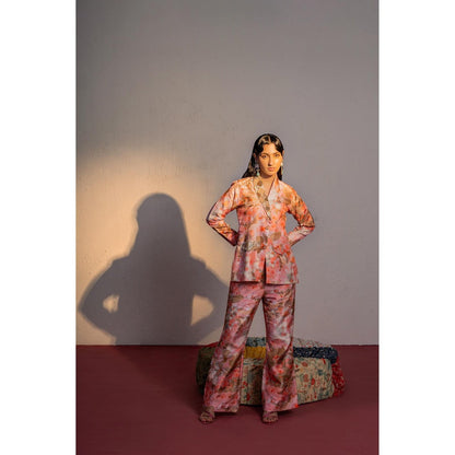 Redpine Designs Peach Print, Embroidered Blazer with Pant (Set of 2)