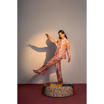 Redpine Designs Peach Print, Embroidered Blazer with Pant (Set of 2)