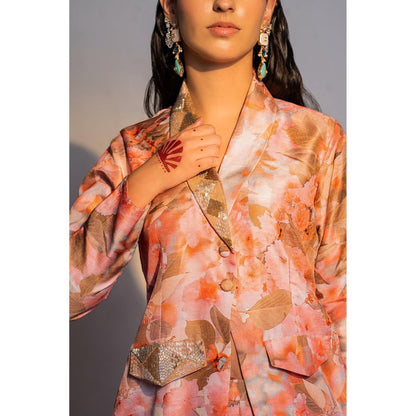 Redpine Designs Peach Print, Embroidered Blazer with Pant (Set of 2)