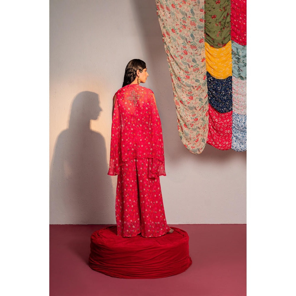 Redpine Designs Hot Pink Printed, Embroidered Cape with Bustier and Pant (Set of 3)