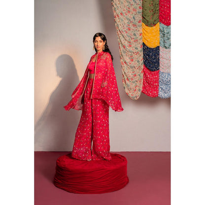 Redpine Designs Hot Pink Printed, Embroidered Cape with Bustier and Pant (Set of 3)