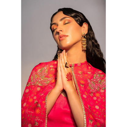 Redpine Designs Hot Pink Printed, Embroidered Cape with Bustier and Pant (Set of 3)