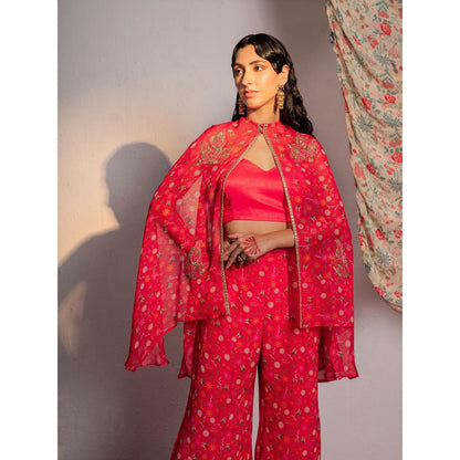 Redpine Designs Hot Pink Printed, Embroidered Cape with Bustier and Pant (Set of 3)