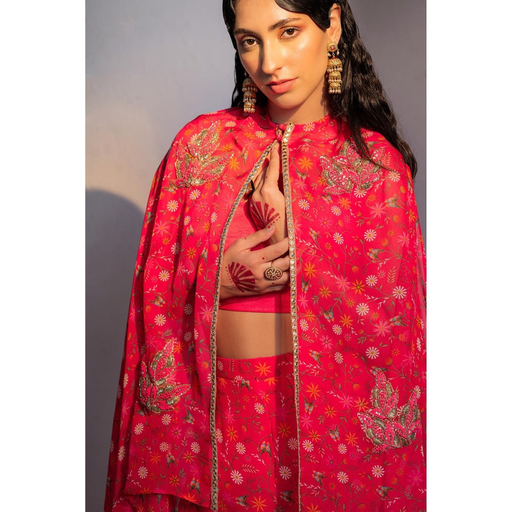 Redpine Designs Hot Pink Printed, Embroidered Cape with Bustier and Pant (Set of 3)