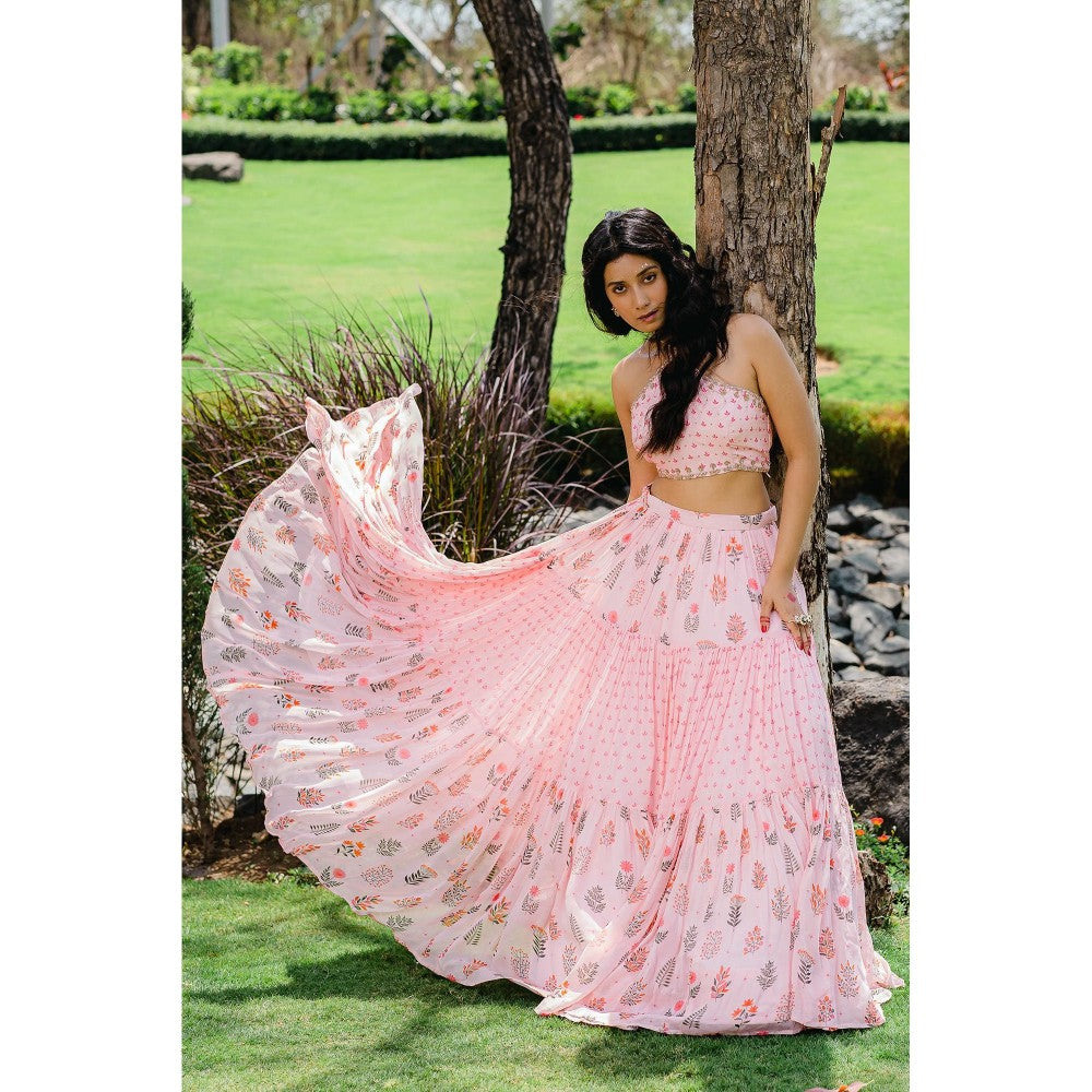 Redpine Designs Blush Pink Floral Printed Embroidered Crop Top with Skirt (Set of 2)