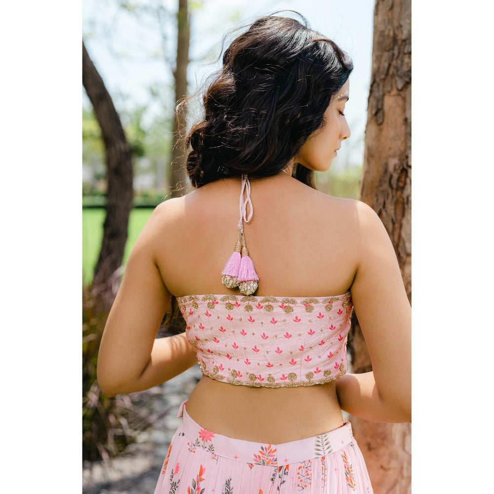 Redpine Designs Blush Pink Floral Printed Embroidered Crop Top with Skirt (Set of 2)