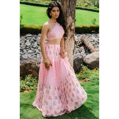 Redpine Designs Blush Pink Floral Printed Embroidered Crop Top with Skirt (Set of 2)