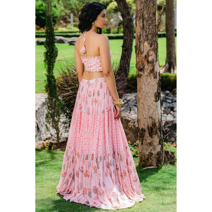 Redpine Designs Blush Pink Floral Printed Embroidered Crop Top with Skirt (Set of 2)