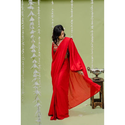 Redpine Designs Red Embroidered Pre Drape Saree with Stitched Blouse