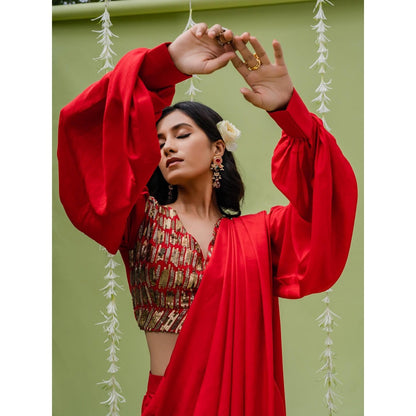 Redpine Designs Red Embroidered Pre Drape Saree with Stitched Blouse