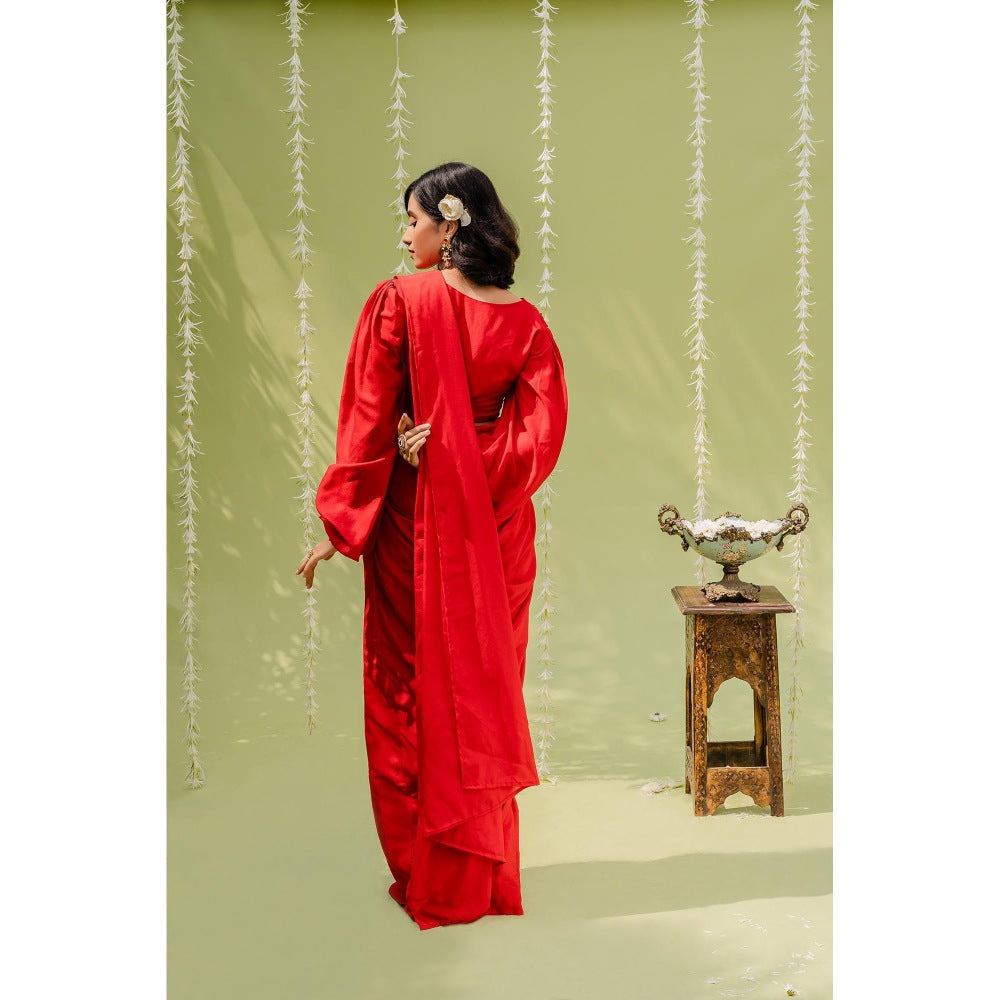 Redpine Designs Red Embroidered Pre Drape Saree with Stitched Blouse