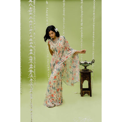 Redpine Designs Beige Printed Embroidered Pre Draped Saree with Stitched Blouse