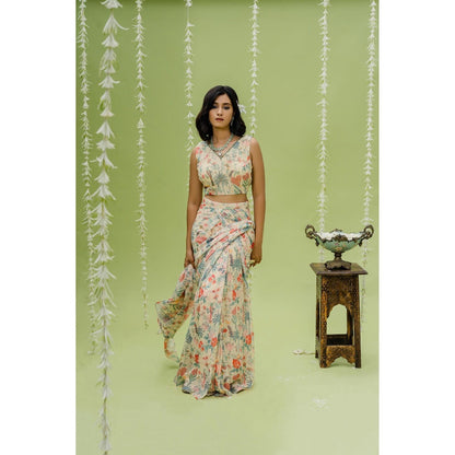 Redpine Designs Beige Printed Embroidered Pre Draped Saree with Stitched Blouse