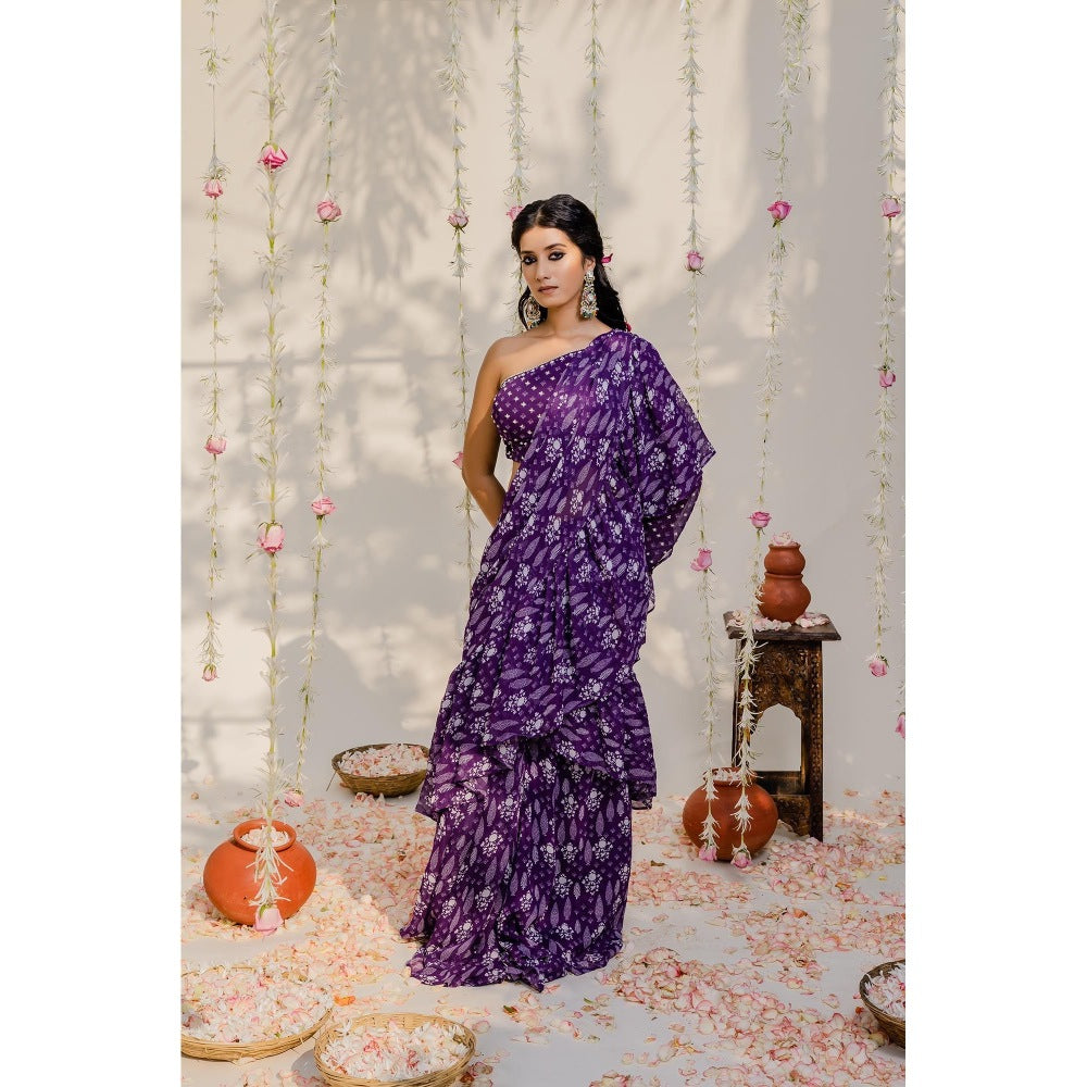 Redpine Designs Purple Printed Embroidered Pre Draped Saree with Stitched Blouse