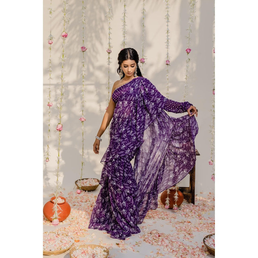 Redpine Designs Purple Printed Embroidered Pre Draped Saree with Stitched Blouse
