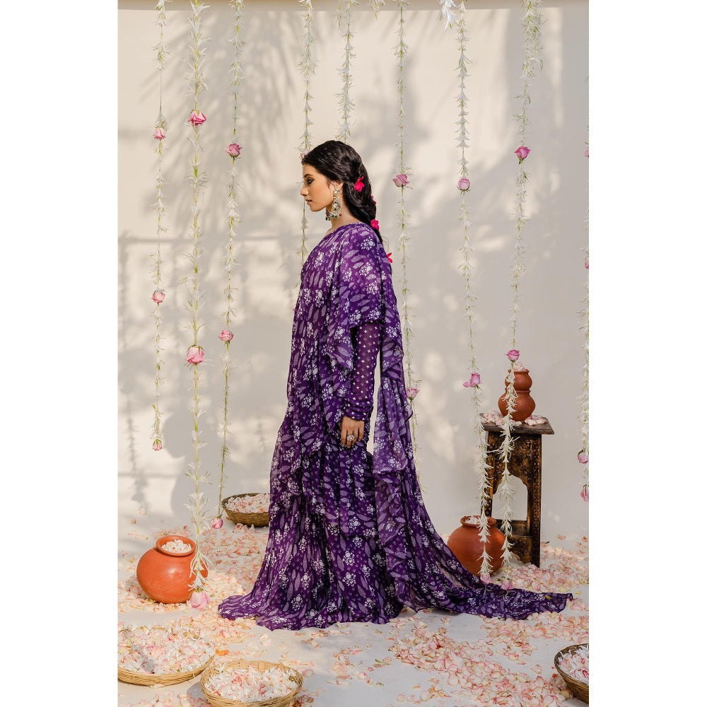 Redpine Designs Purple Printed Embroidered Pre Draped Saree with Stitched Blouse