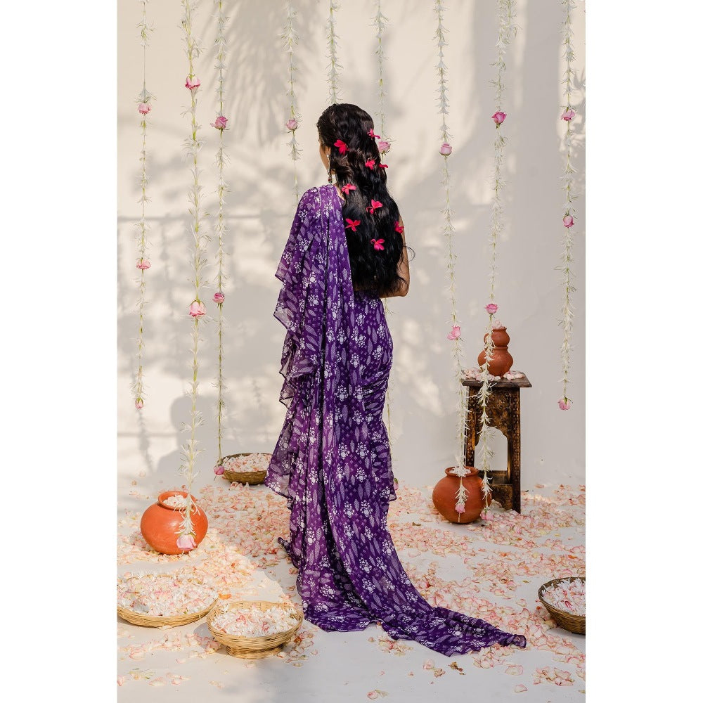 Redpine Designs Purple Printed Embroidered Pre Draped Saree with Stitched Blouse