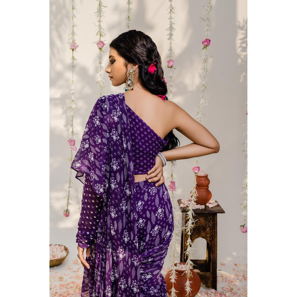 Redpine Designs Purple Printed Embroidered Pre Draped Saree with Stitched Blouse