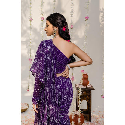 Redpine Designs Purple Printed Embroidered Pre Draped Saree with Stitched Blouse