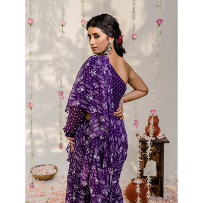 Redpine Designs Purple Printed Embroidered Pre Draped Saree with Stitched Blouse