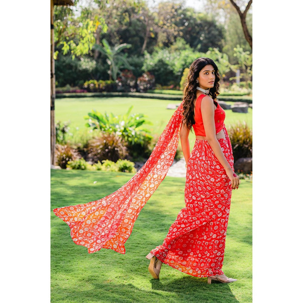 Redpine Designs Cherry Red Floral Printed Pre Draped Saree with Stitched Blouse