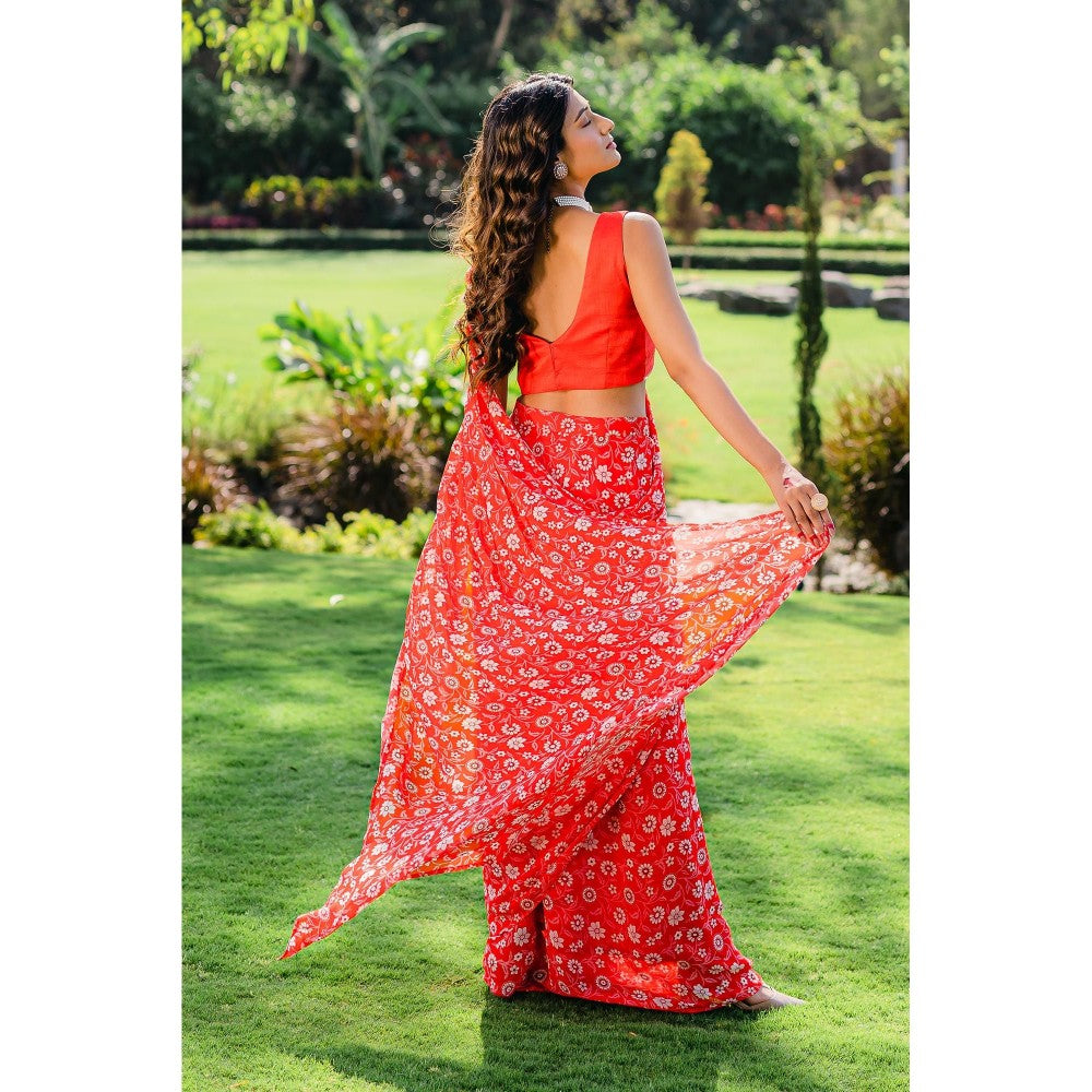 Redpine Designs Cherry Red Floral Printed Pre Draped Saree with Stitched Blouse