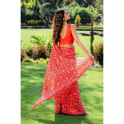 Redpine Designs Cherry Red Floral Printed Pre Draped Saree with Stitched Blouse