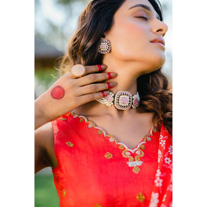 Redpine Designs Cherry Red Floral Printed Pre Draped Saree with Stitched Blouse