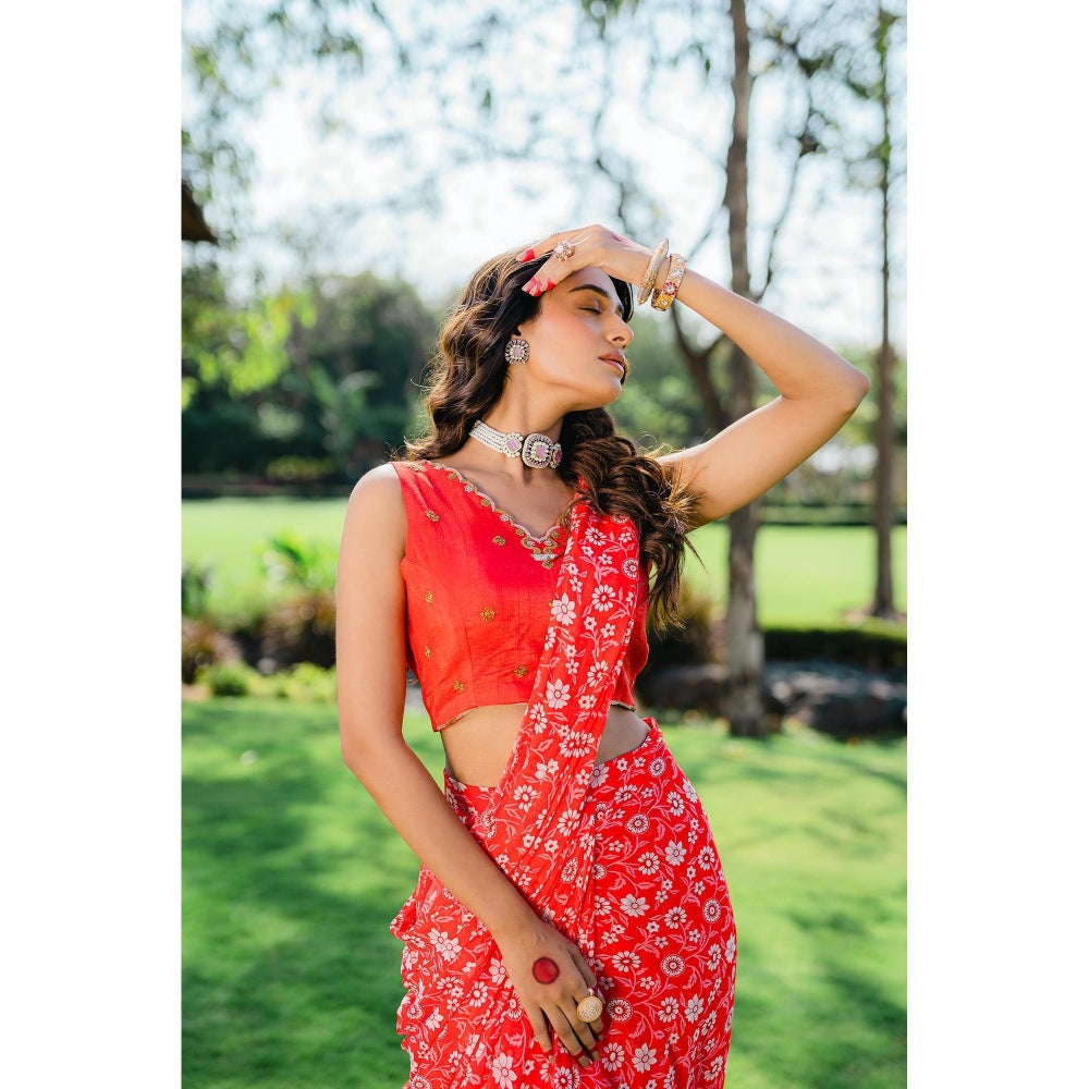 Redpine Designs Cherry Red Floral Printed Pre Draped Saree with Stitched Blouse