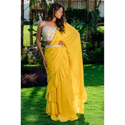 Redpine Designs Yellow Embroidered Pre Drape Saree with Stitched Blouse and Belt