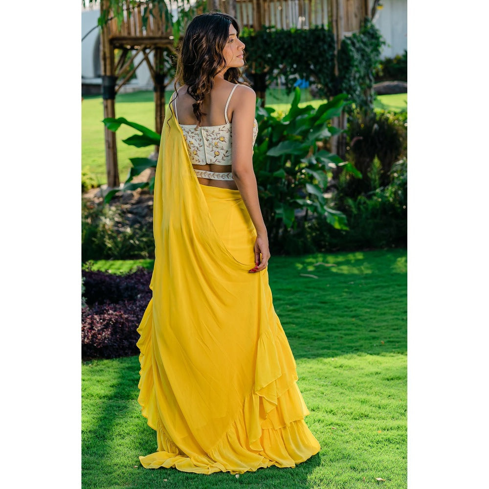 Redpine Designs Yellow Embroidered Pre Drape Saree with Stitched Blouse and Belt