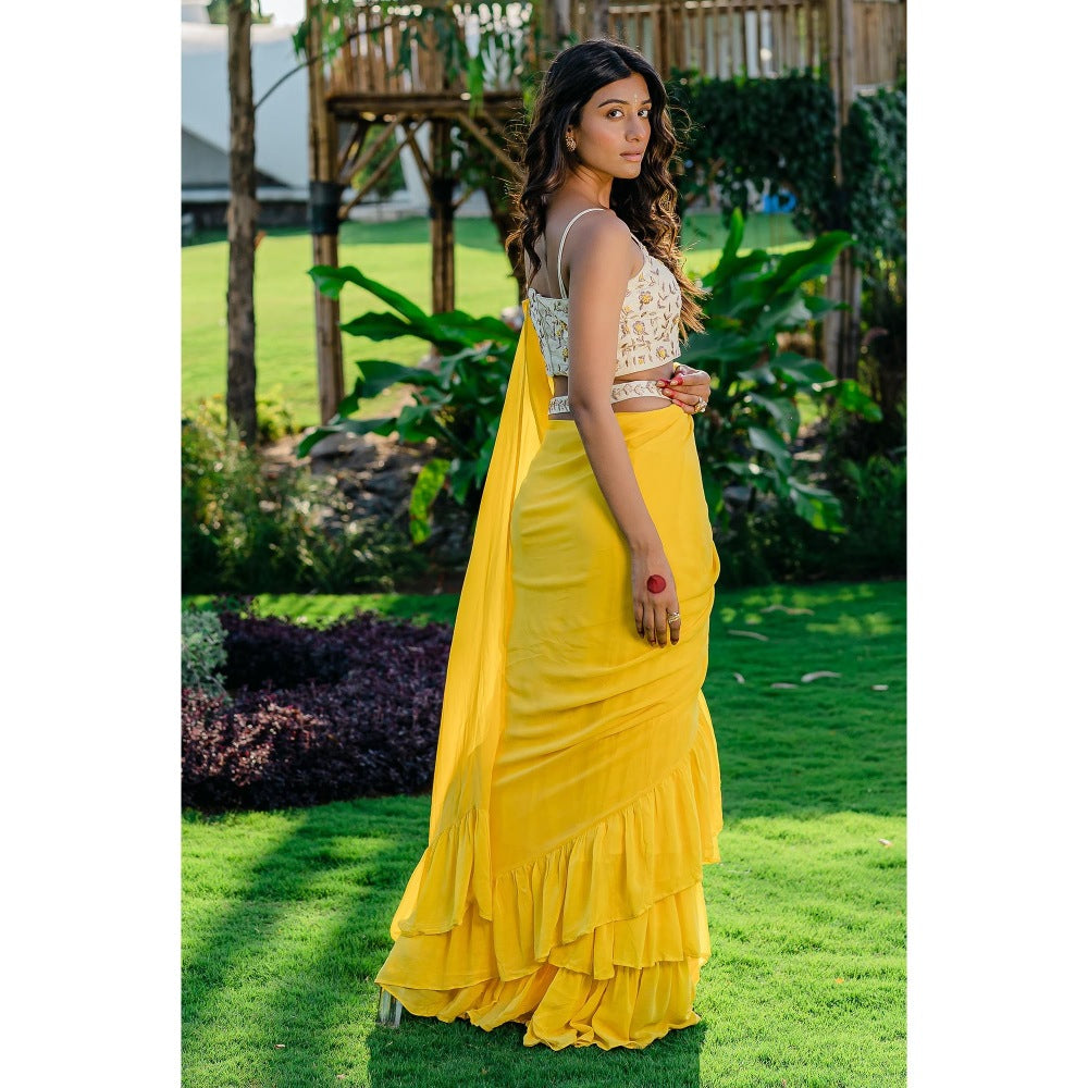 Redpine Designs Yellow Embroidered Pre Drape Saree with Stitched Blouse and Belt