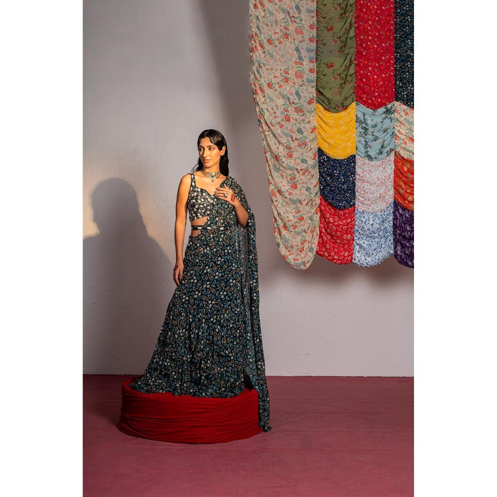 Redpine Designs Royal Green Floral Embroidered Pre Drape Saree with Stitched Blouse and Belt