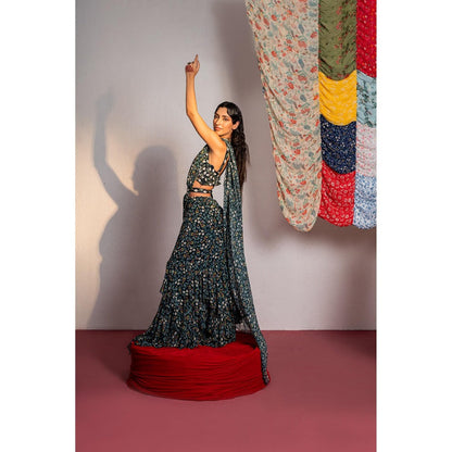 Redpine Designs Royal Green Floral Embroidered Pre Drape Saree with Stitched Blouse and Belt