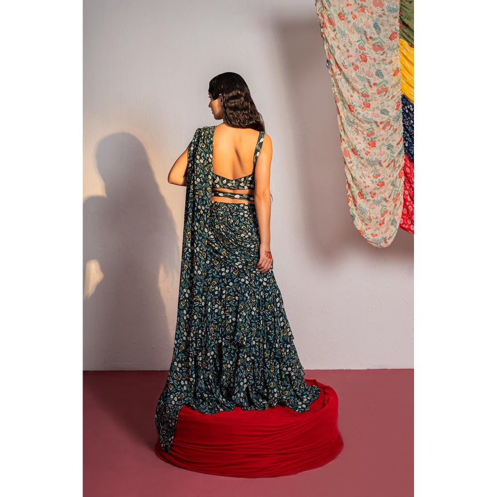 Redpine Designs Royal Green Floral Embroidered Pre Drape Saree with Stitched Blouse and Belt