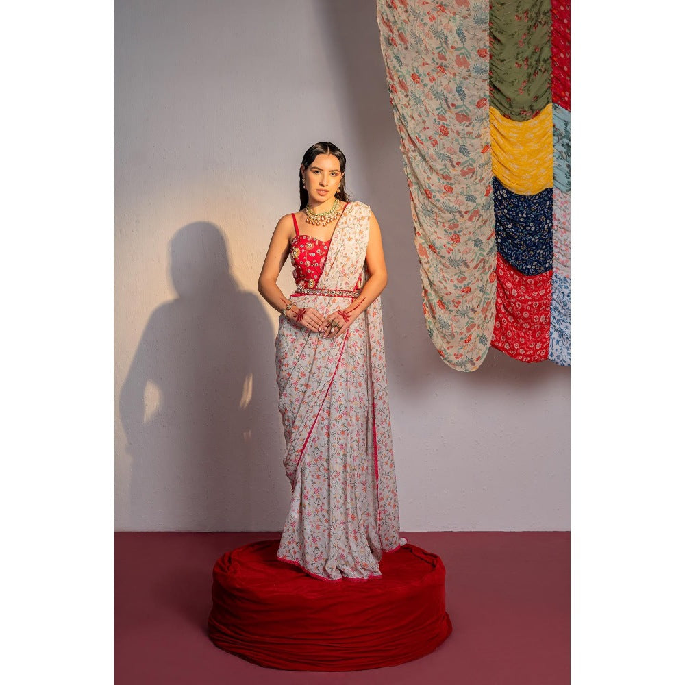 Redpine Designs White Printed Pre Drape Saree with Stitched Blouse and Belt