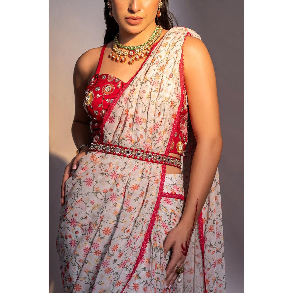 Redpine Designs White Printed Pre Drape Saree with Stitched Blouse and Belt